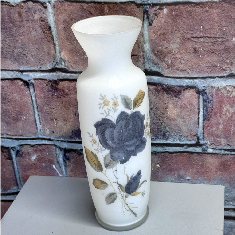 Vtg Frosted White Glass Vase‎ Japan Hand Painted Blue Satin Finish Roses 7.5"